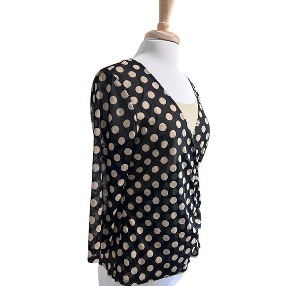 Notations Vtg Y2K Cinched Layered Look Black Tan Polka Dot Top Blouse L - Picture 2 of 6